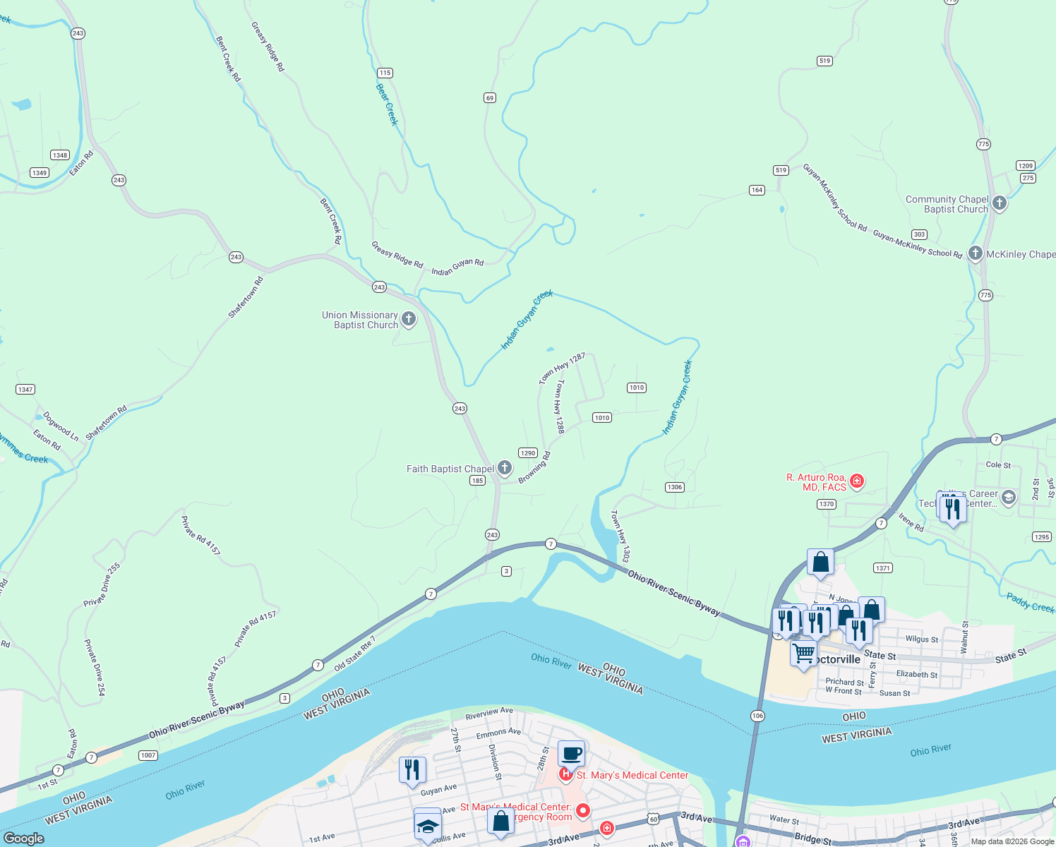 map of restaurants, bars, coffee shops, grocery stores, and more near 184 Township Road 1290 in Chesapeake