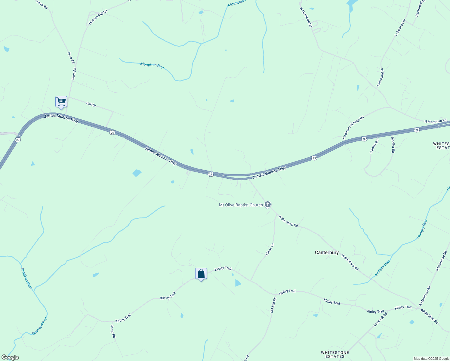 map of restaurants, bars, coffee shops, grocery stores, and more near 18305 Fox Mountain Lane in Culpeper