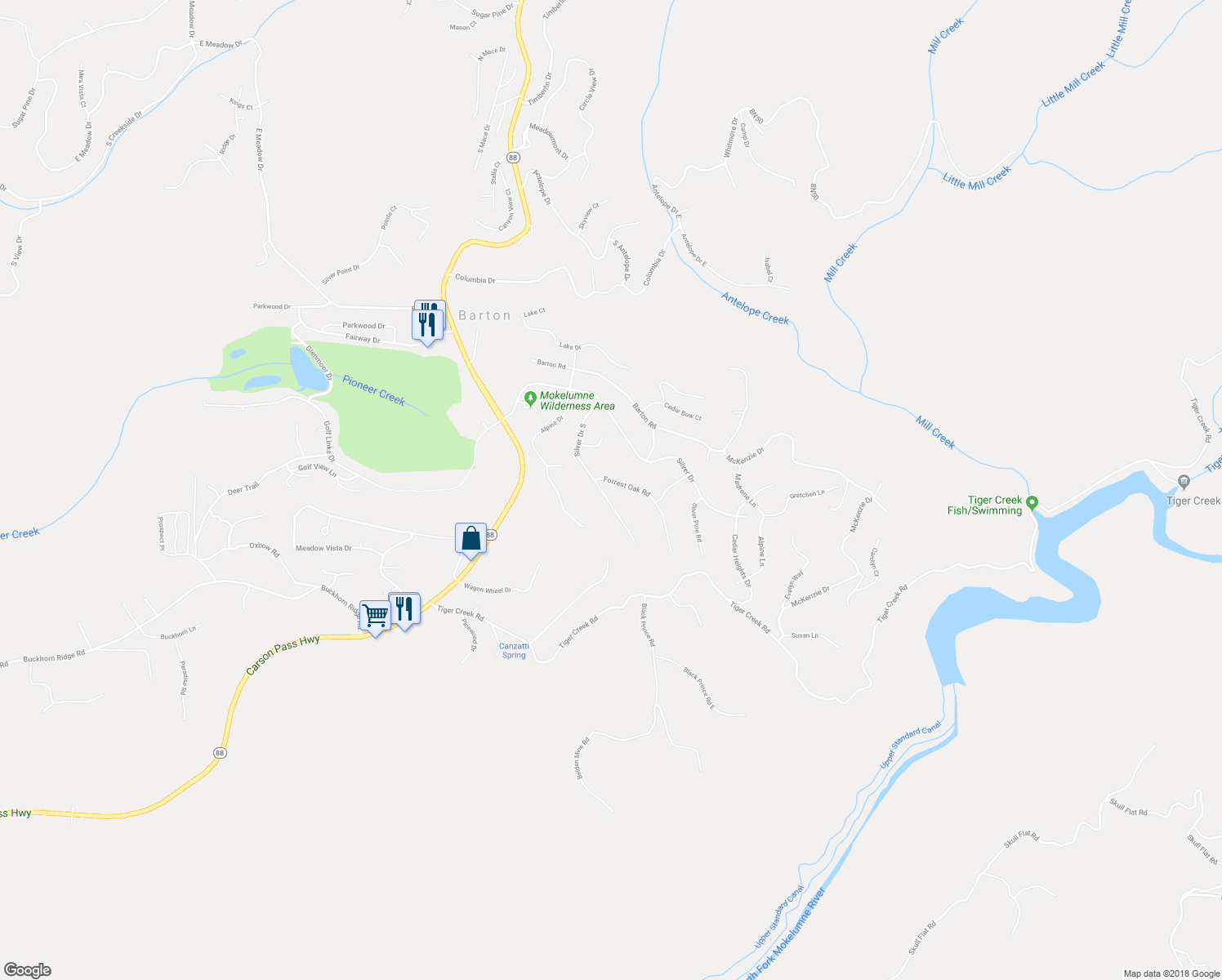 map of restaurants, bars, coffee shops, grocery stores, and more near 16686 Silver Drive South in Pioneer