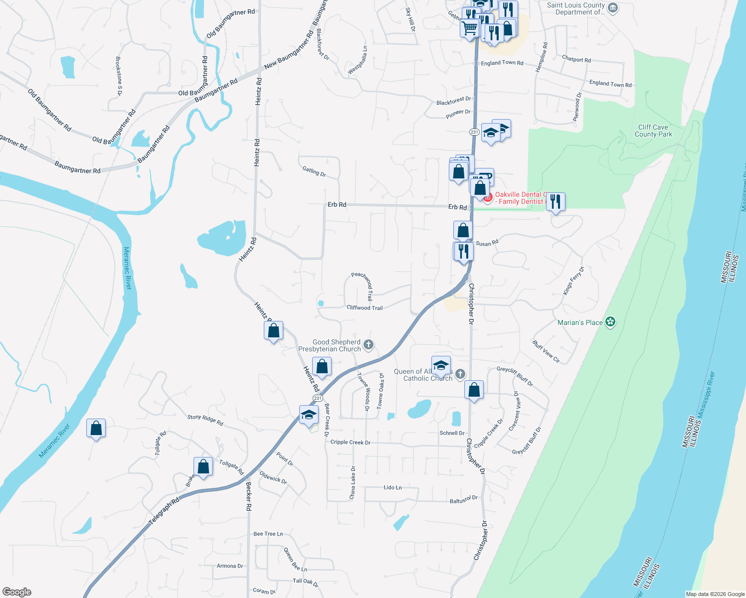map of restaurants, bars, coffee shops, grocery stores, and more near 6348 Peachwood Trail in St. Louis