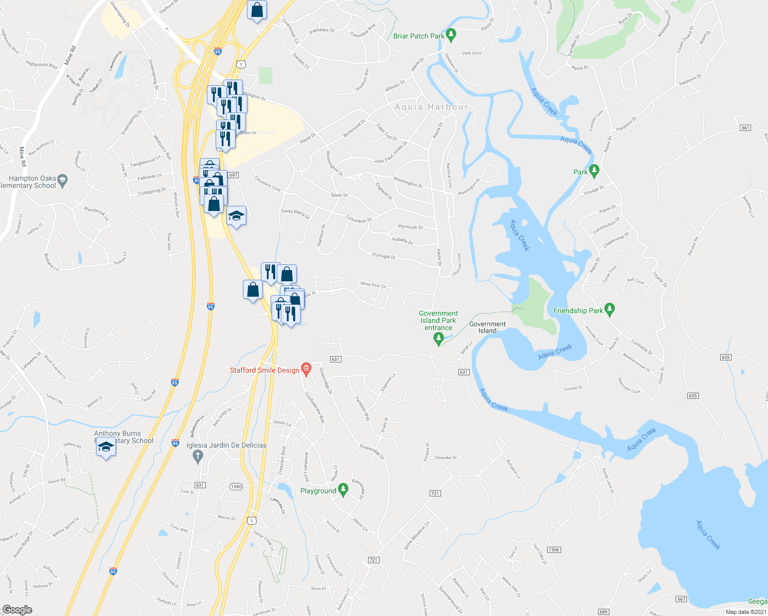 map of restaurants, bars, coffee shops, grocery stores, and more near 126 White Pine Circle in Stafford