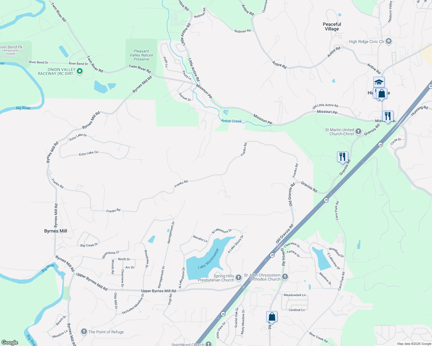 map of restaurants, bars, coffee shops, grocery stores, and more near 6355 Franks Road in Byrnes Mill