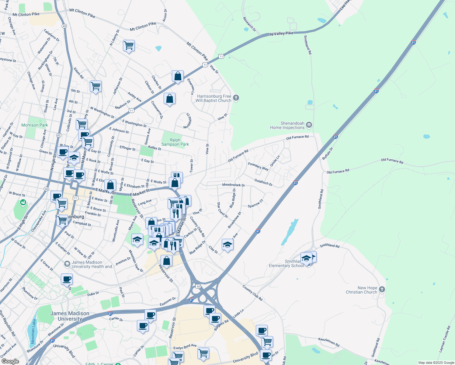 map of restaurants, bars, coffee shops, grocery stores, and more near 1066 Meadowlark Drive in Harrisonburg