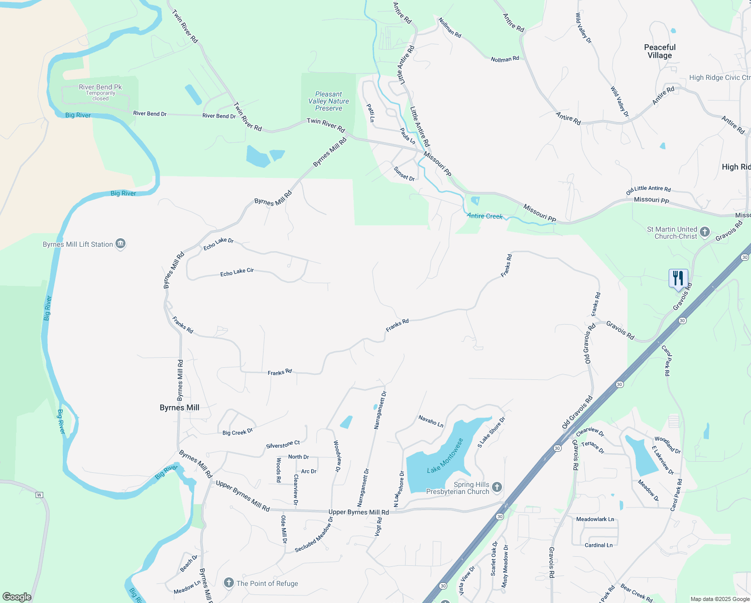 map of restaurants, bars, coffee shops, grocery stores, and more near 6459 Franks Road in Byrnes Mill