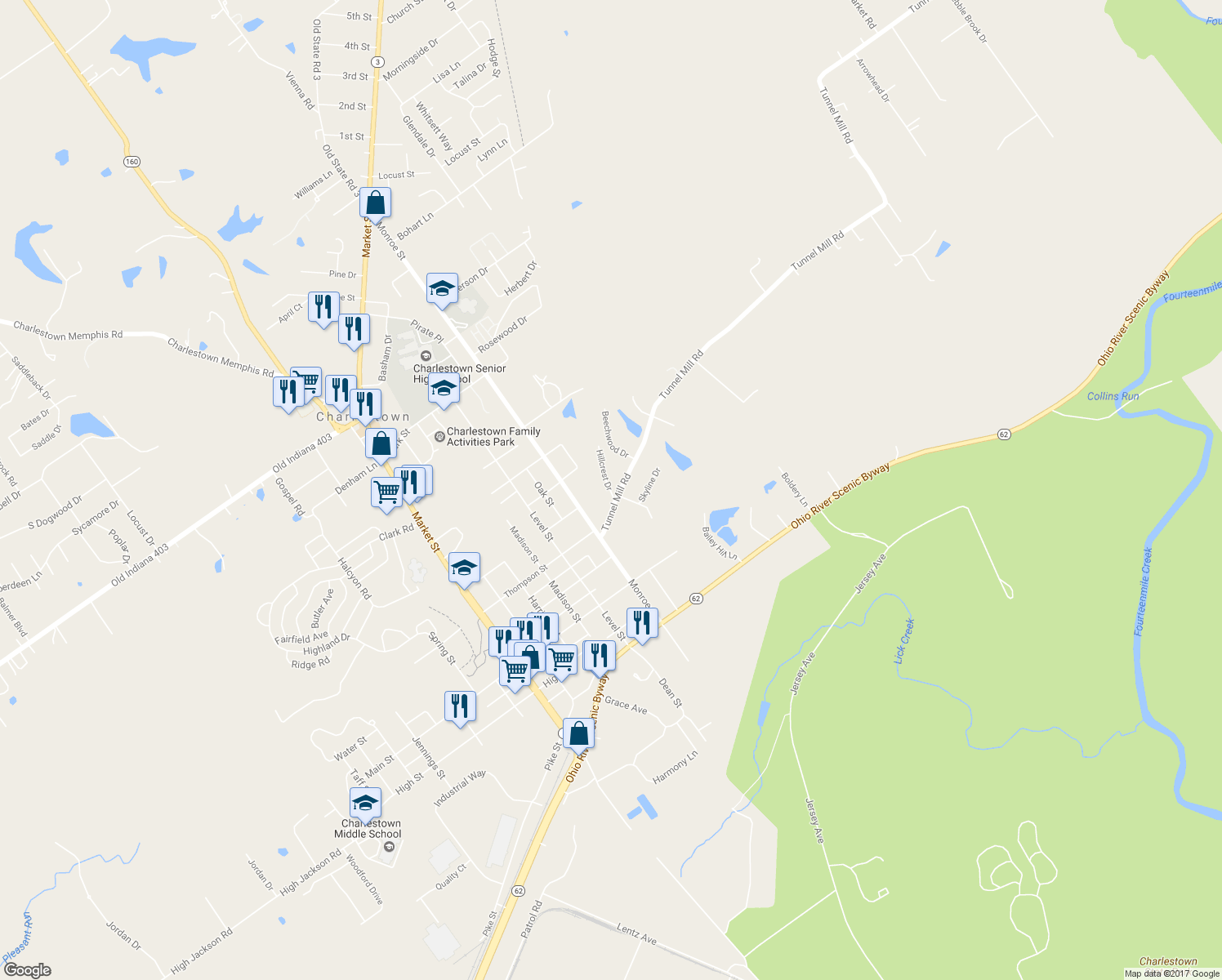map of restaurants, bars, coffee shops, grocery stores, and more near 1411 Tunnel Mill Road in Charlestown