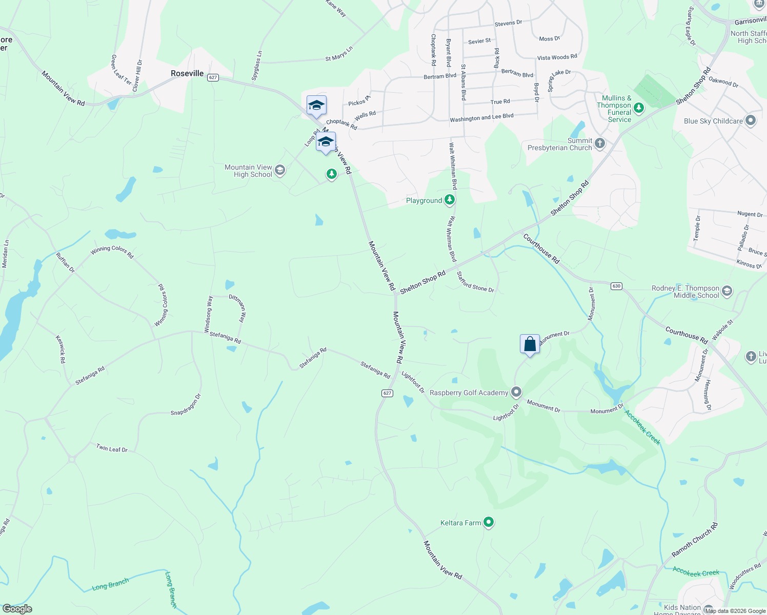 map of restaurants, bars, coffee shops, grocery stores, and more near 1907 Mountain View Road in Stafford
