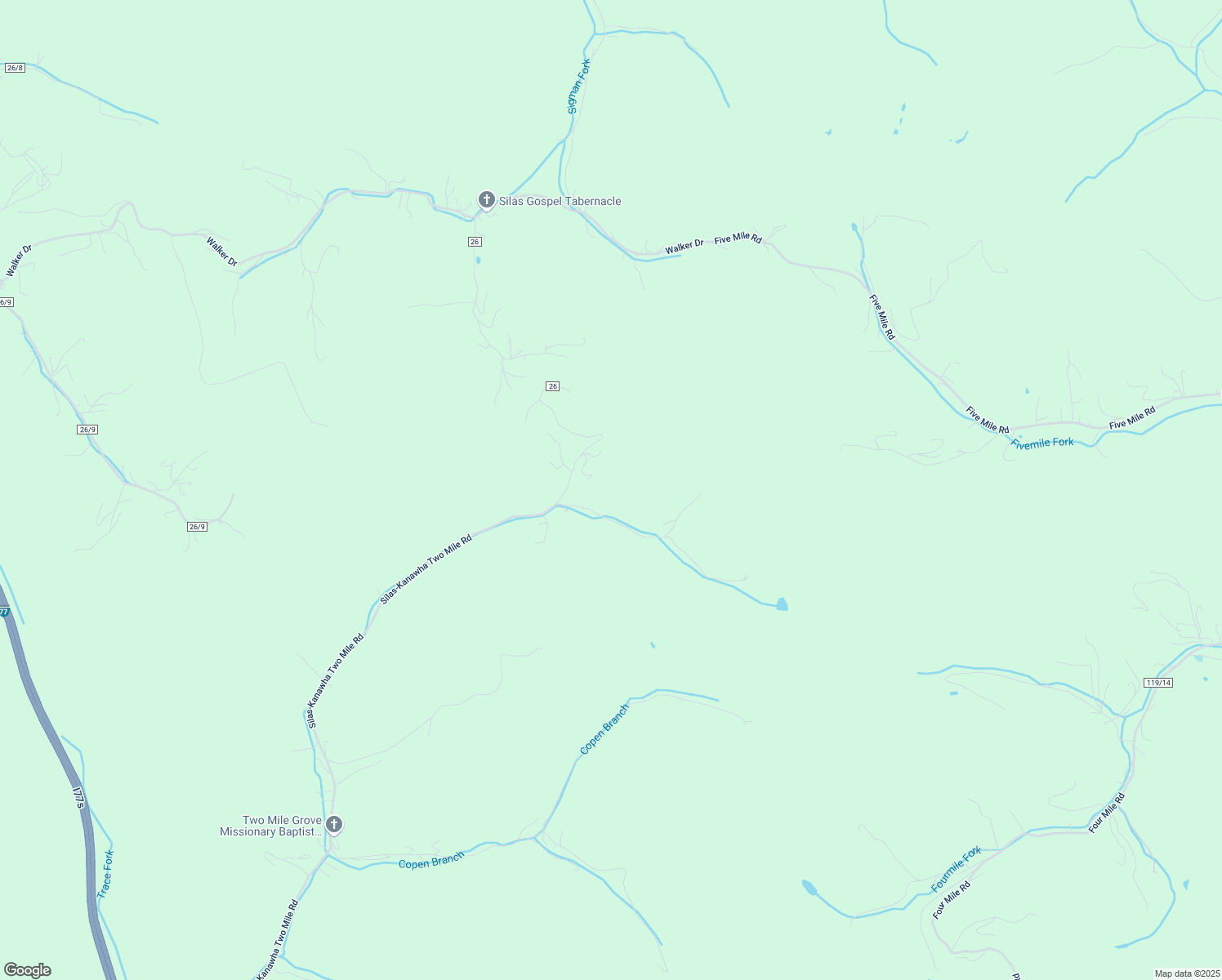 map of restaurants, bars, coffee shops, grocery stores, and more near 31 Silas-Kanawha Two Mile Road in Charleston