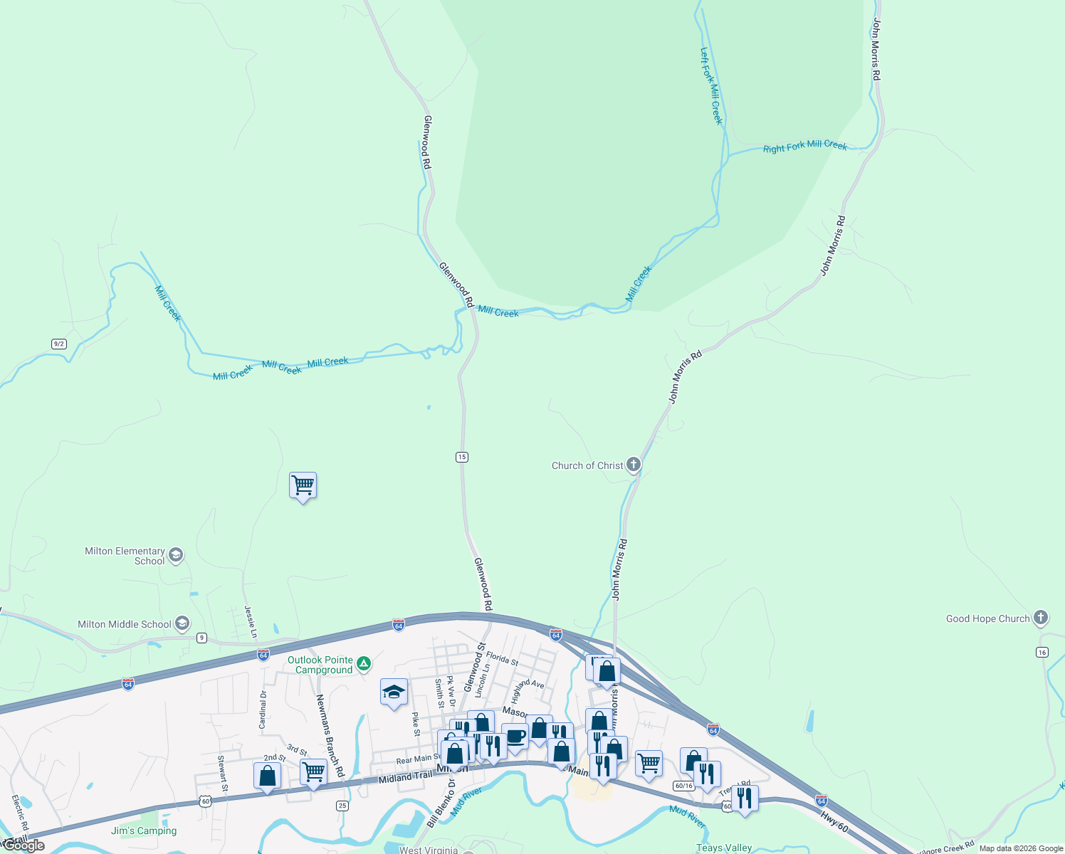 map of restaurants, bars, coffee shops, grocery stores, and more near 1739A Glenwood Road in Milton