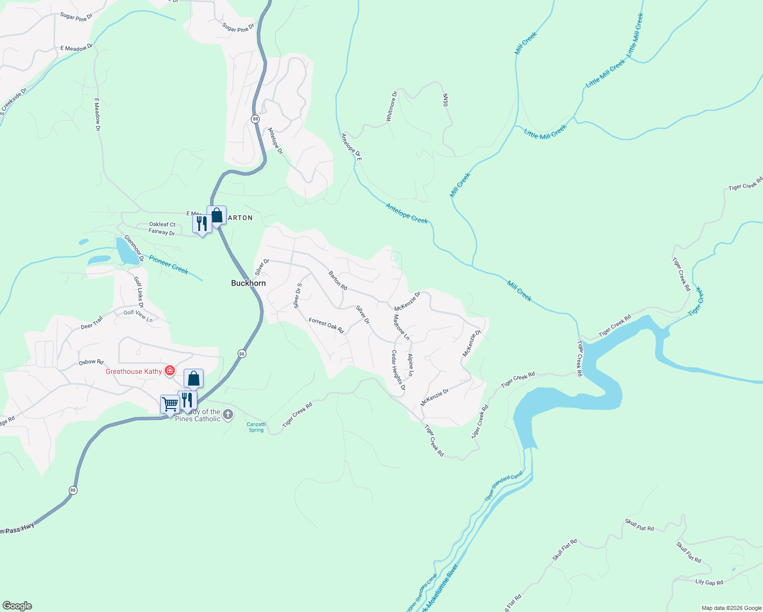 map of restaurants, bars, coffee shops, grocery stores, and more near 27391 Barton Road in Pioneer