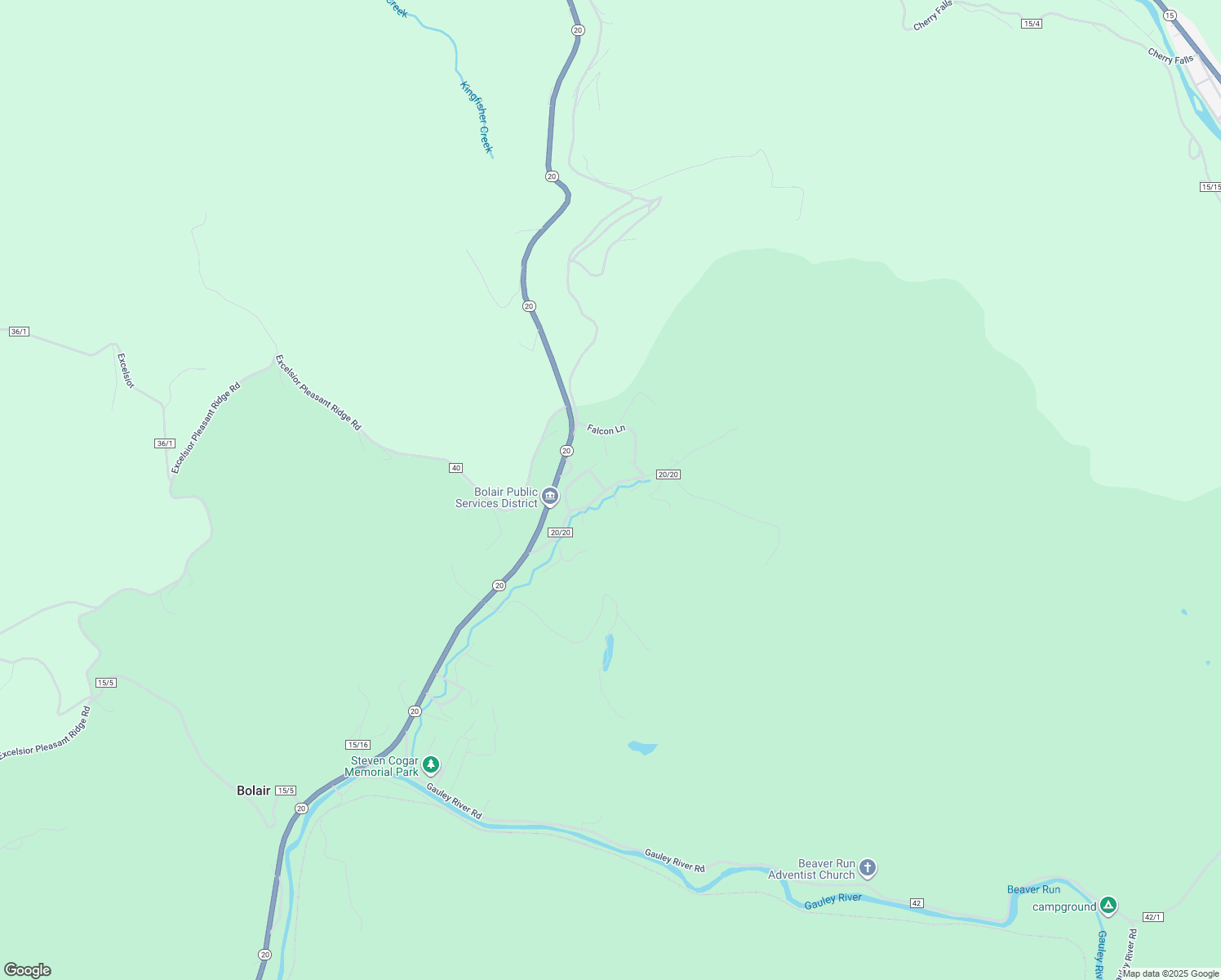 map of restaurants, bars, coffee shops, grocery stores, and more near Sandy Run Road in Webster Springs