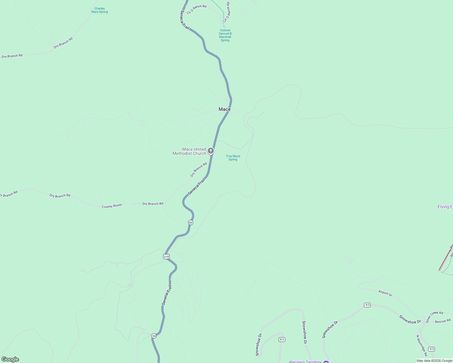 map of restaurants, bars, coffee shops, grocery stores, and more near Seneca Trail in Snowshoe