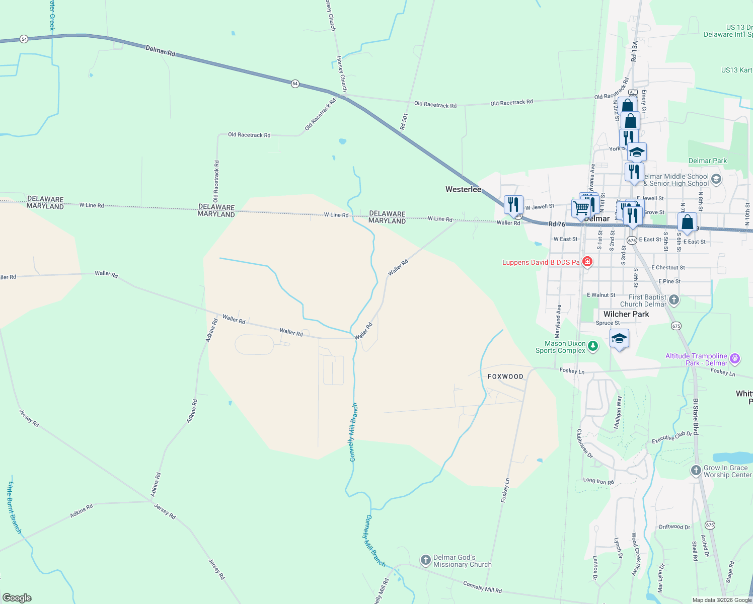 map of restaurants, bars, coffee shops, grocery stores, and more near 29308 Waller Road in Delmar