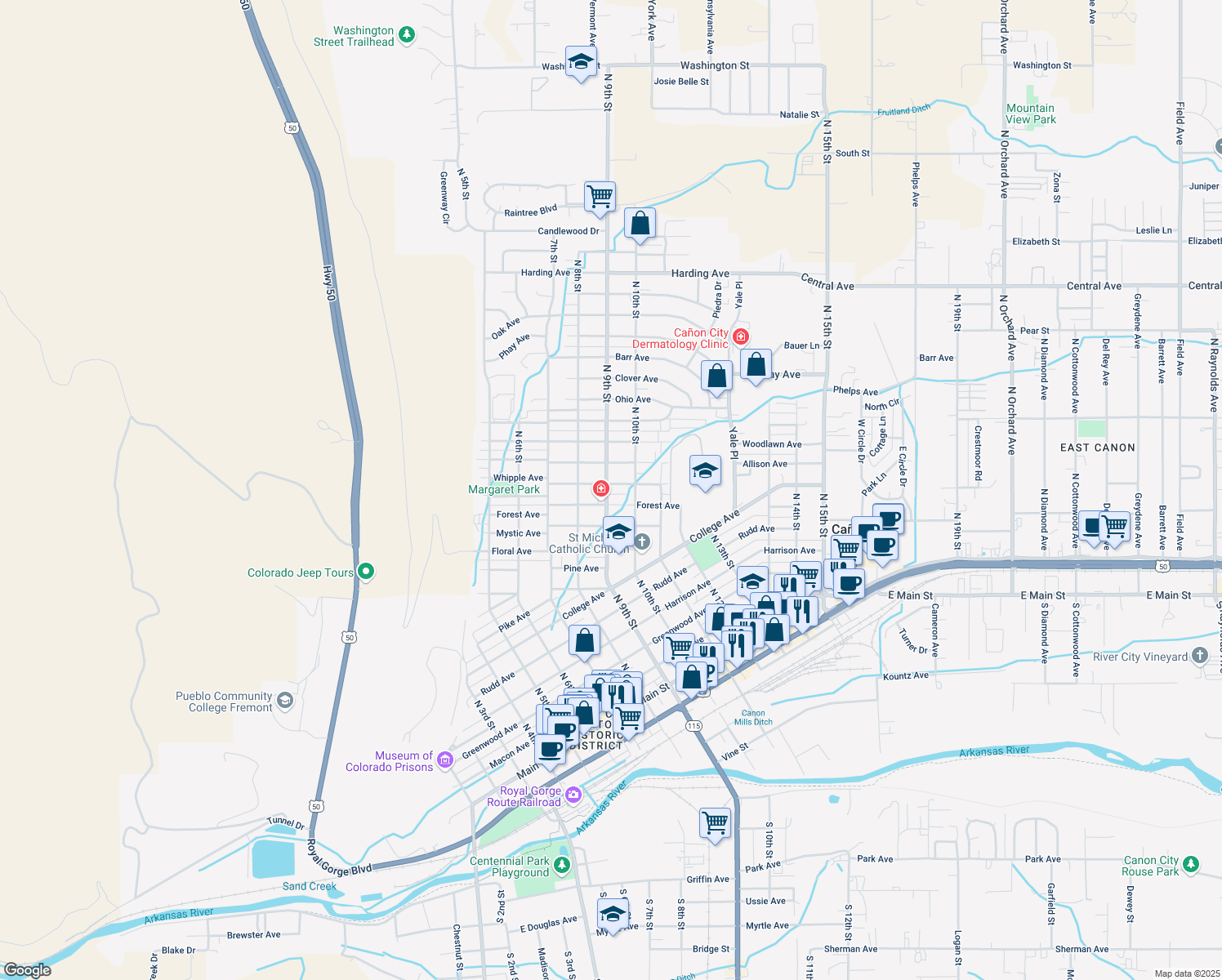 map of restaurants, bars, coffee shops, grocery stores, and more near 902 Whipple Avenue in Cañon City