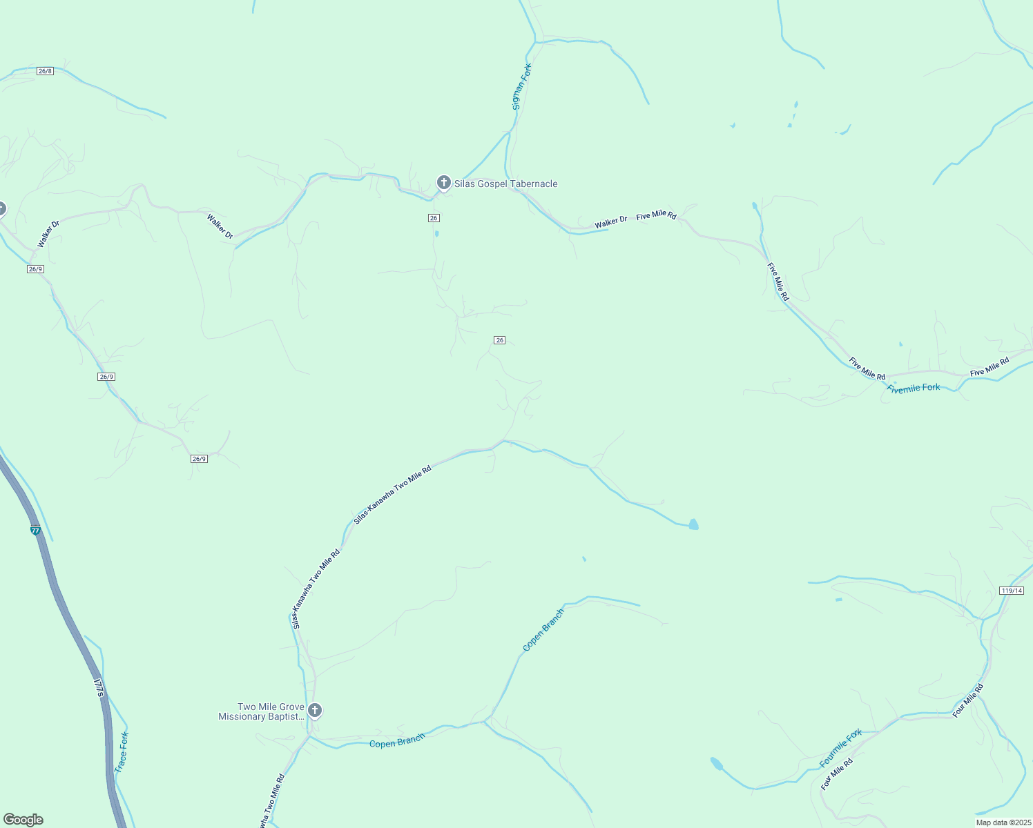 map of restaurants, bars, coffee shops, grocery stores, and more near 31 Silas-Kanawha Two Mile Road in Charleston