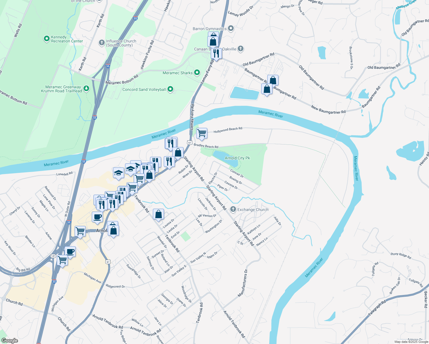 map of restaurants, bars, coffee shops, grocery stores, and more near 447 Electra Drive in Arnold