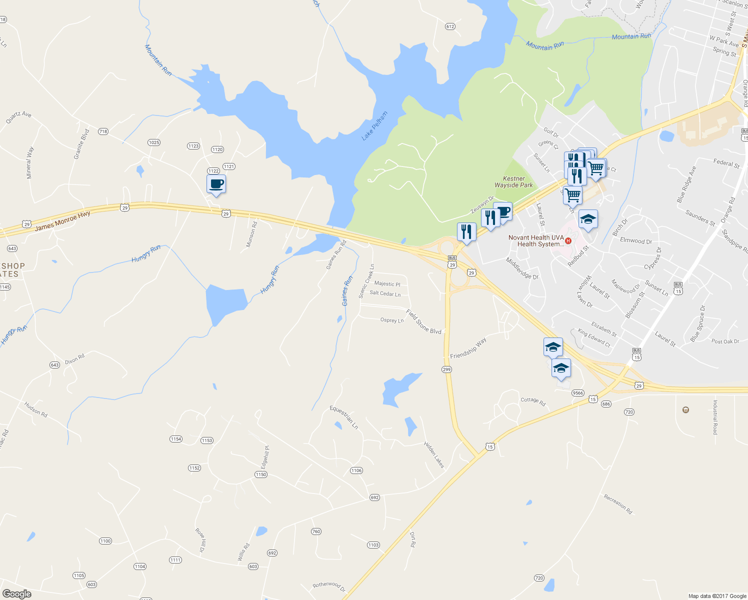 map of restaurants, bars, coffee shops, grocery stores, and more near 11911 Field Stone Boulevard in Culpeper