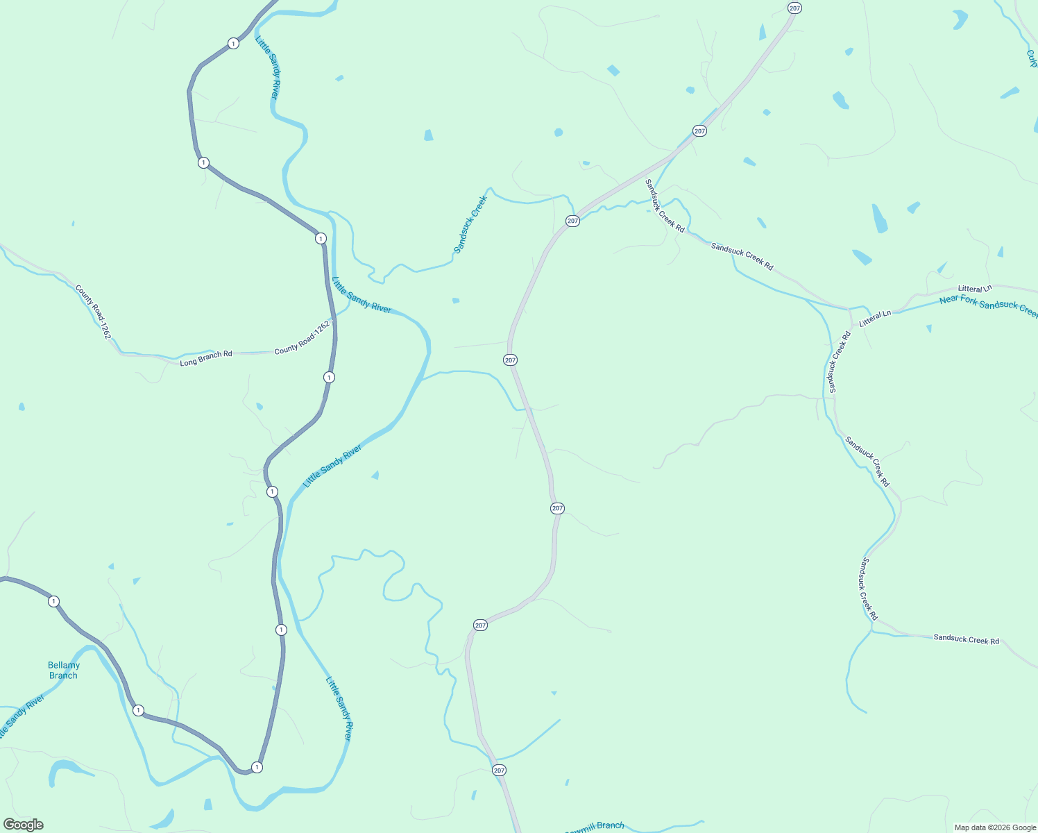 map of restaurants, bars, coffee shops, grocery stores, and more near State Highway 207 in Greenup
