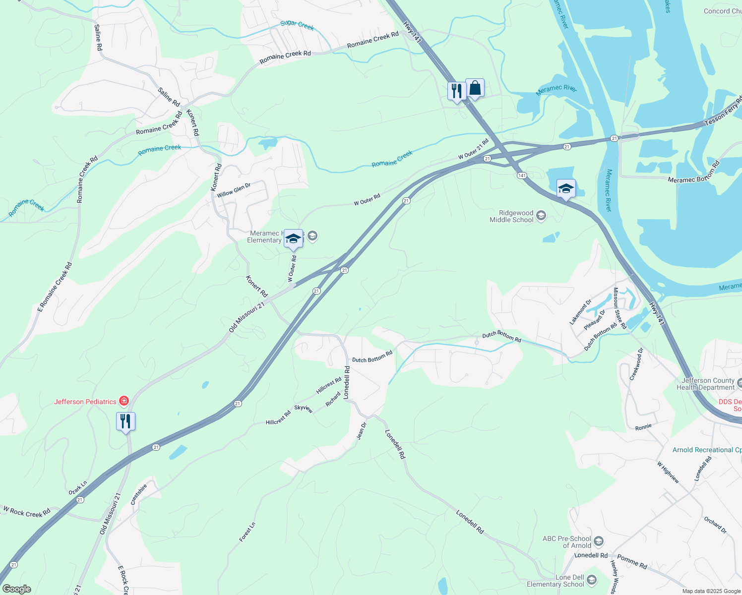 map of restaurants, bars, coffee shops, grocery stores, and more near 4178 Great Oak Valley in Arnold