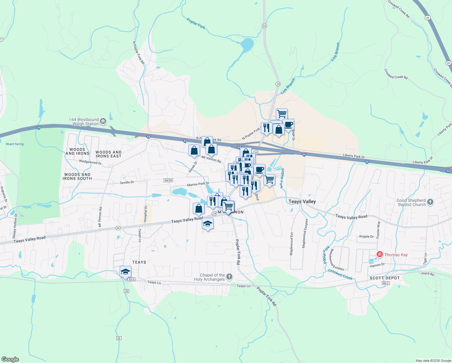 map of restaurants, bars, coffee shops, grocery stores, and more near 3049 Mount Vernon Road in Hurricane