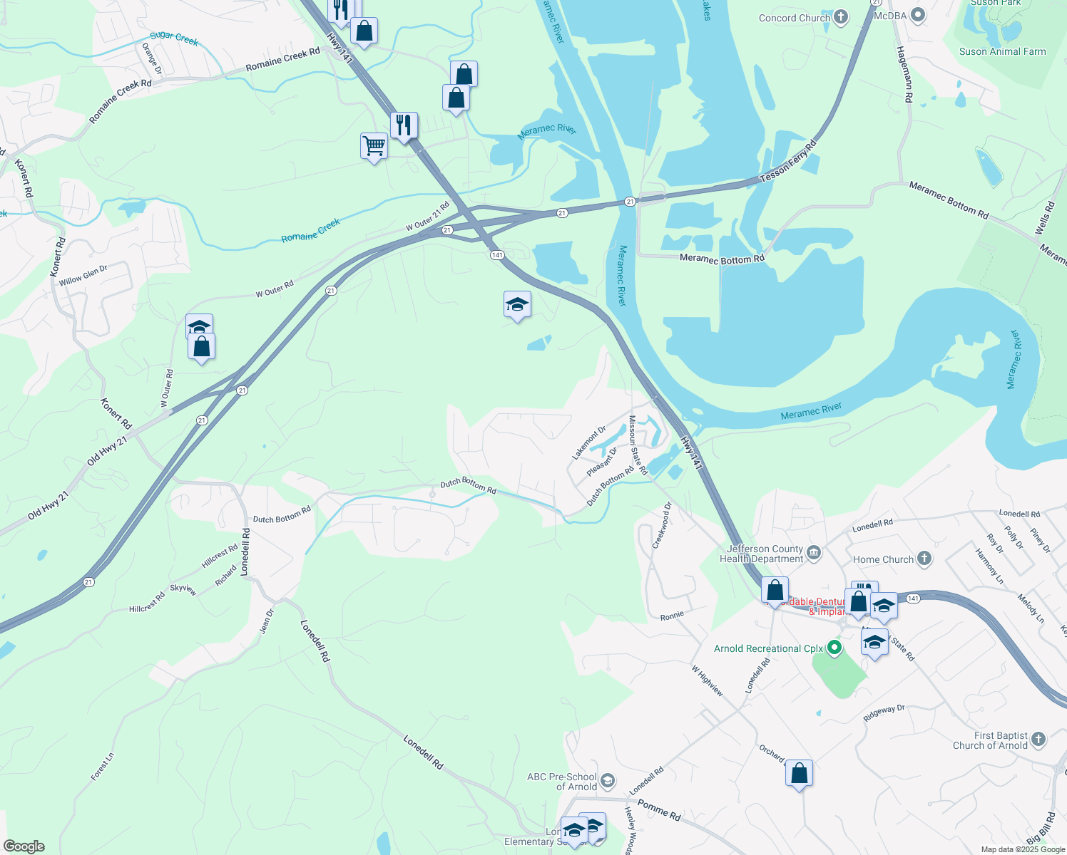 map of restaurants, bars, coffee shops, grocery stores, and more near 1355 Stone Mill Circle in Arnold