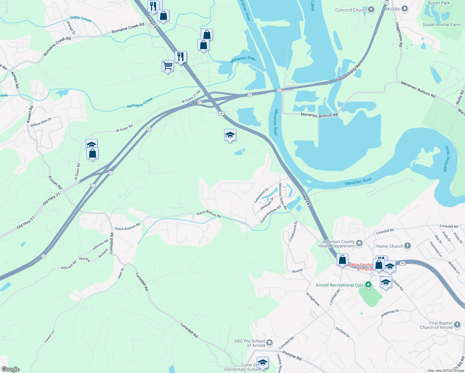 map of restaurants, bars, coffee shops, grocery stores, and more near 3544 Stone Mill Drive in Arnold