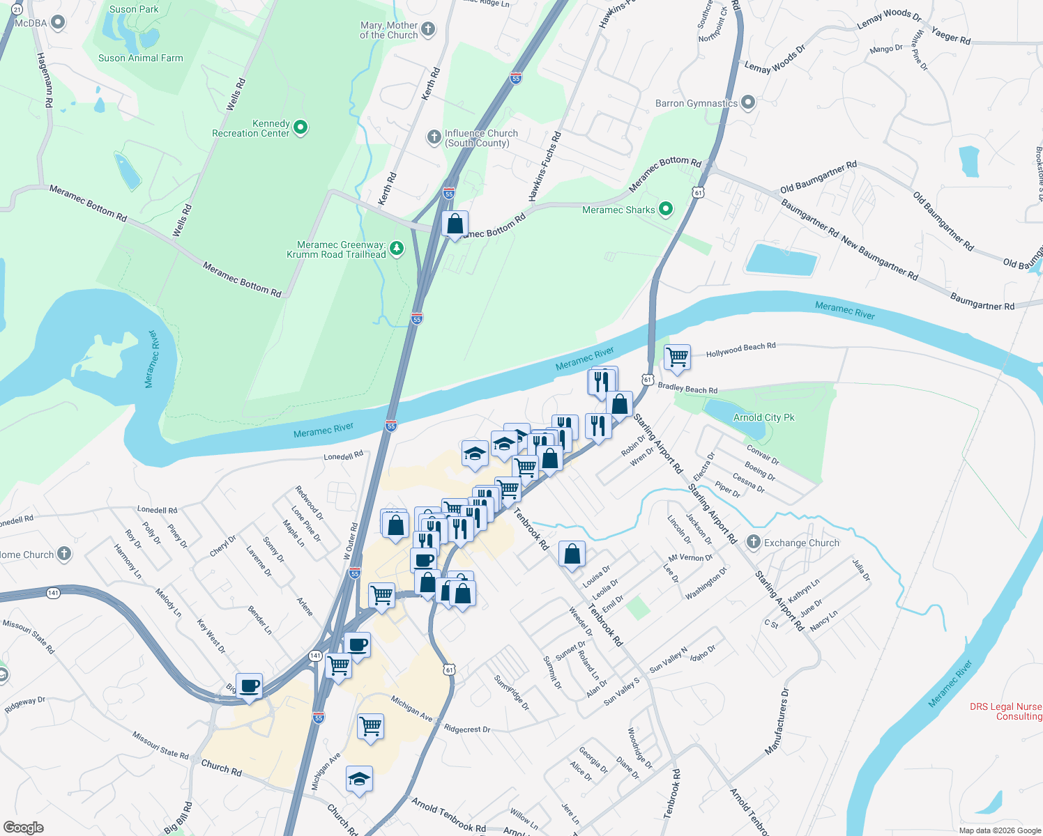 map of restaurants, bars, coffee shops, grocery stores, and more near 2383 Riverbluff Dr in Arnold