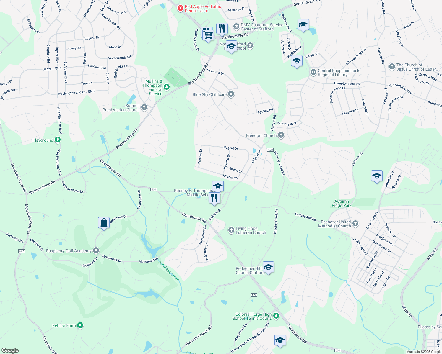 map of restaurants, bars, coffee shops, grocery stores, and more near 58 Kinross Drive in Stafford