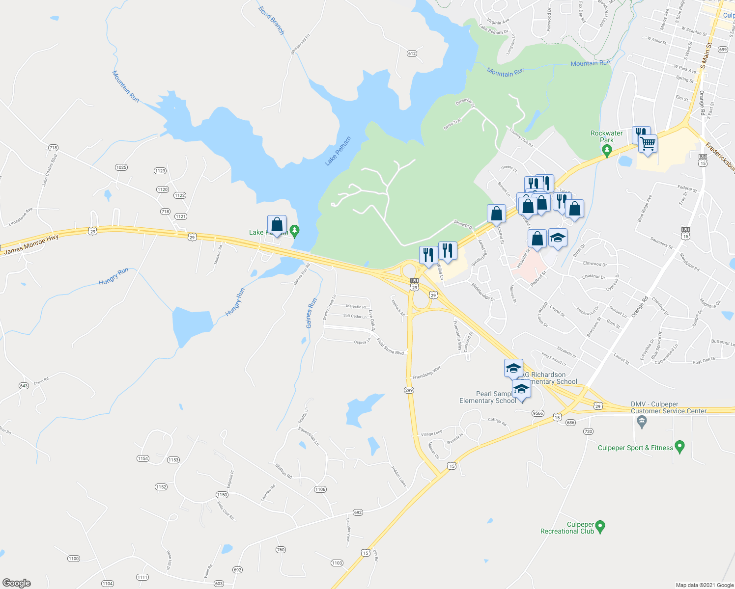 map of restaurants, bars, coffee shops, grocery stores, and more near 12025 Live Oak Drive in Culpeper