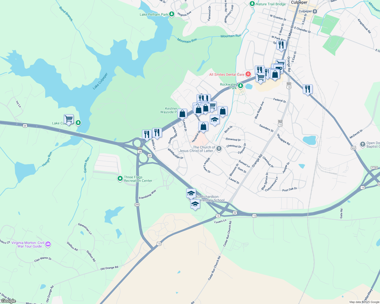 map of restaurants, bars, coffee shops, grocery stores, and more near 531 Mimosa Street in Culpeper