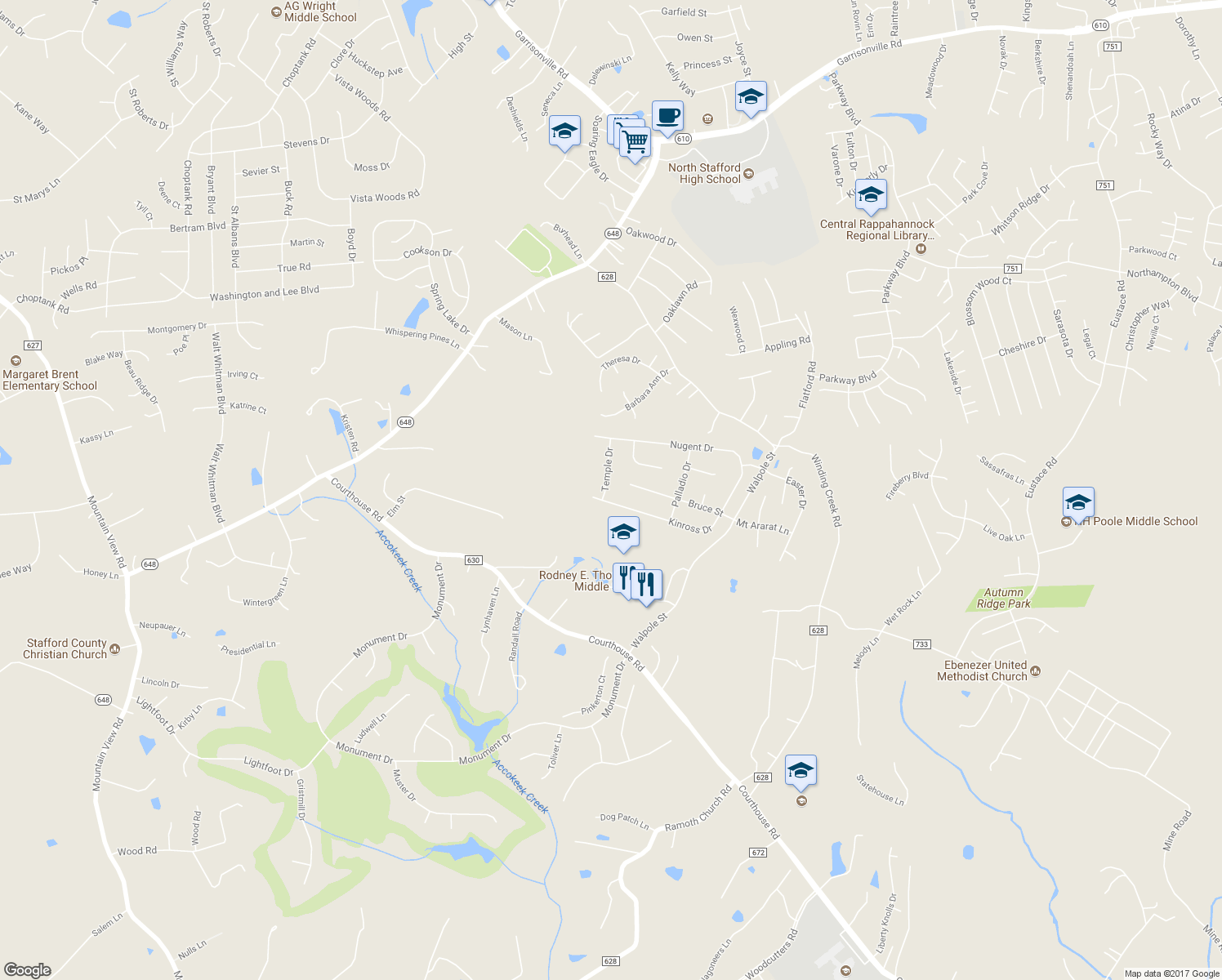 map of restaurants, bars, coffee shops, grocery stores, and more near 4 Temple Drive in Stafford