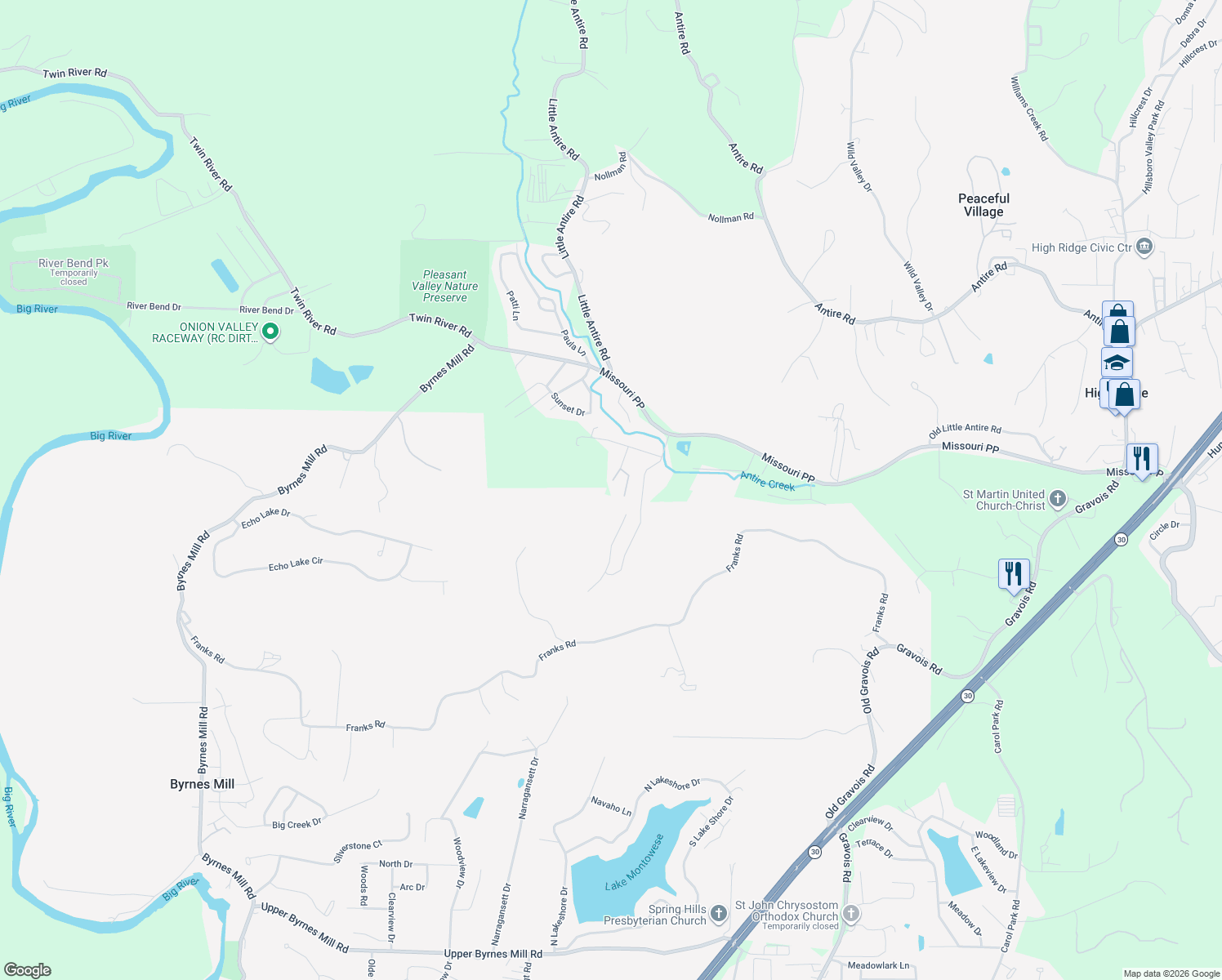 map of restaurants, bars, coffee shops, grocery stores, and more near 6440 Walnut Valley Drive in High Ridge