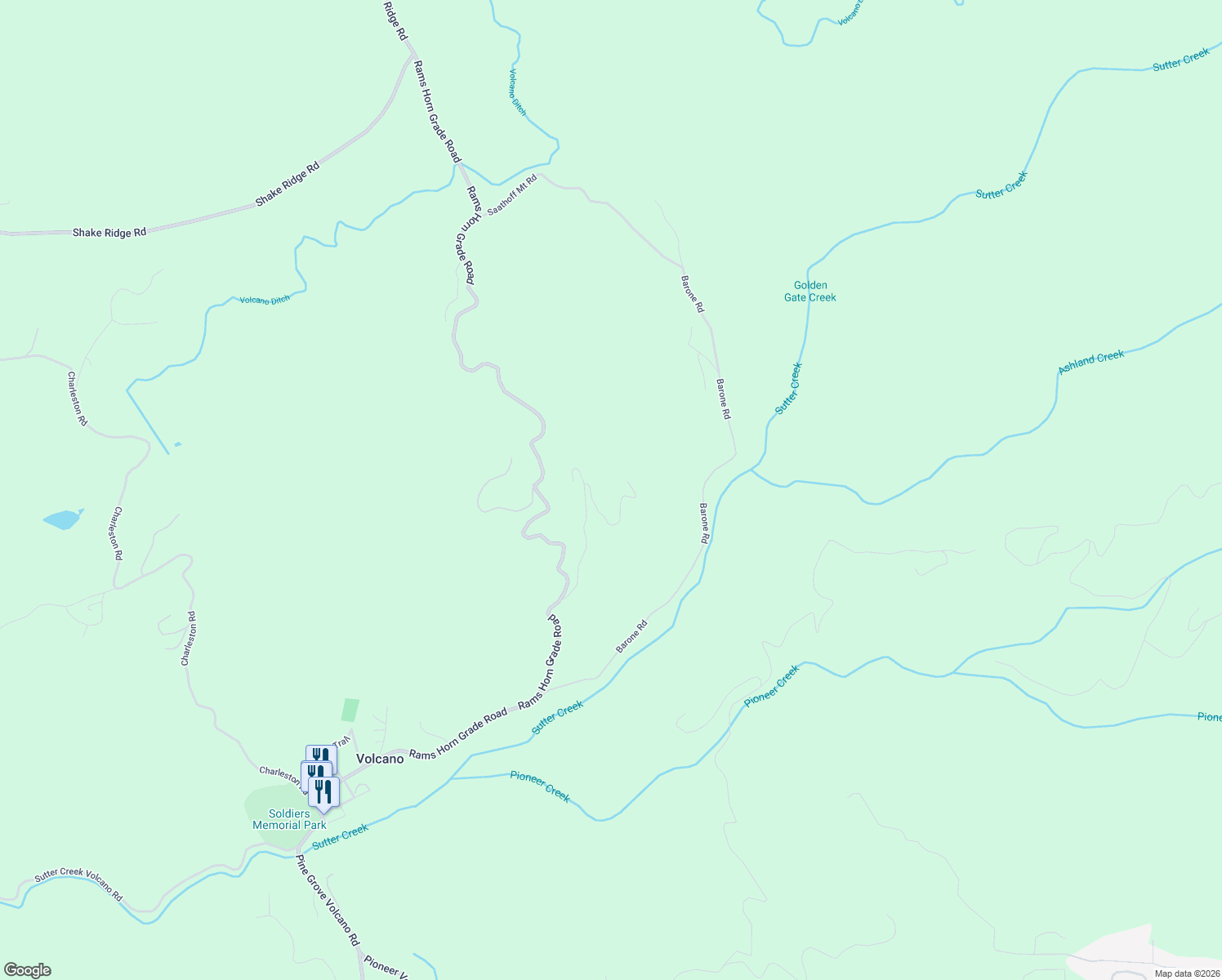map of restaurants, bars, coffee shops, grocery stores, and more near 17050 Rams Horn Grade Road in Volcano