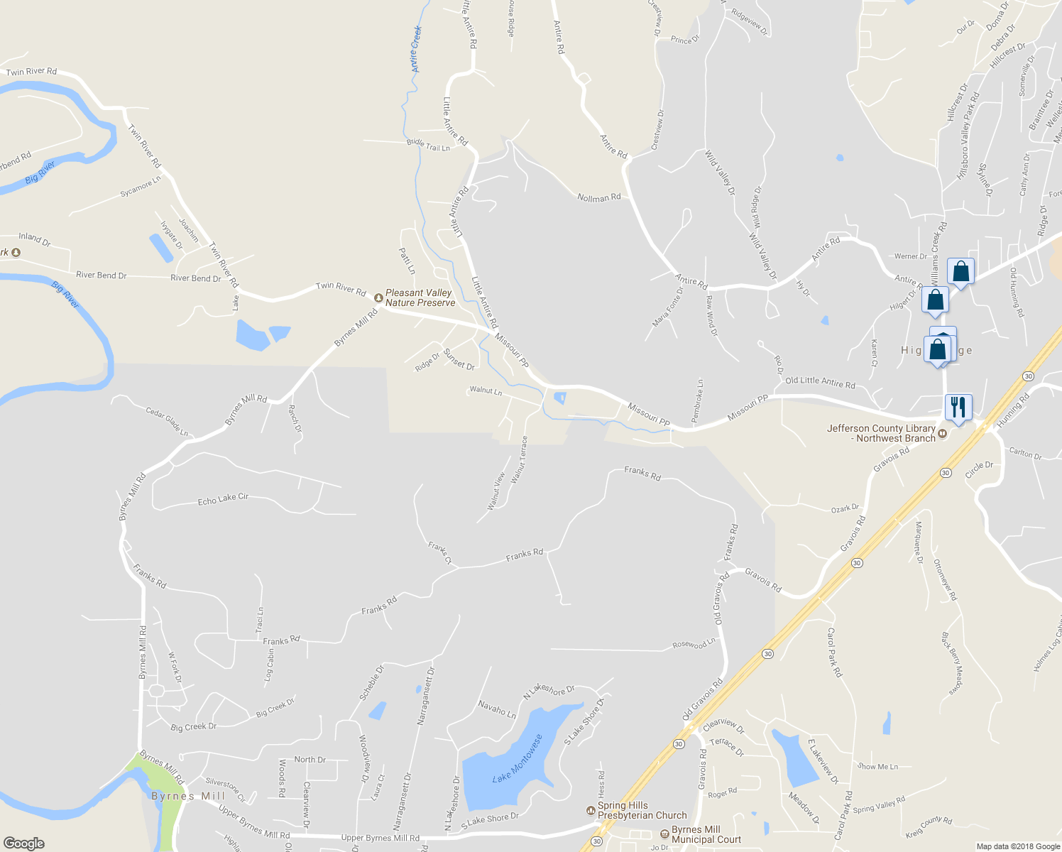 map of restaurants, bars, coffee shops, grocery stores, and more near 1006 Walnut Terrace in Byrnes Mill