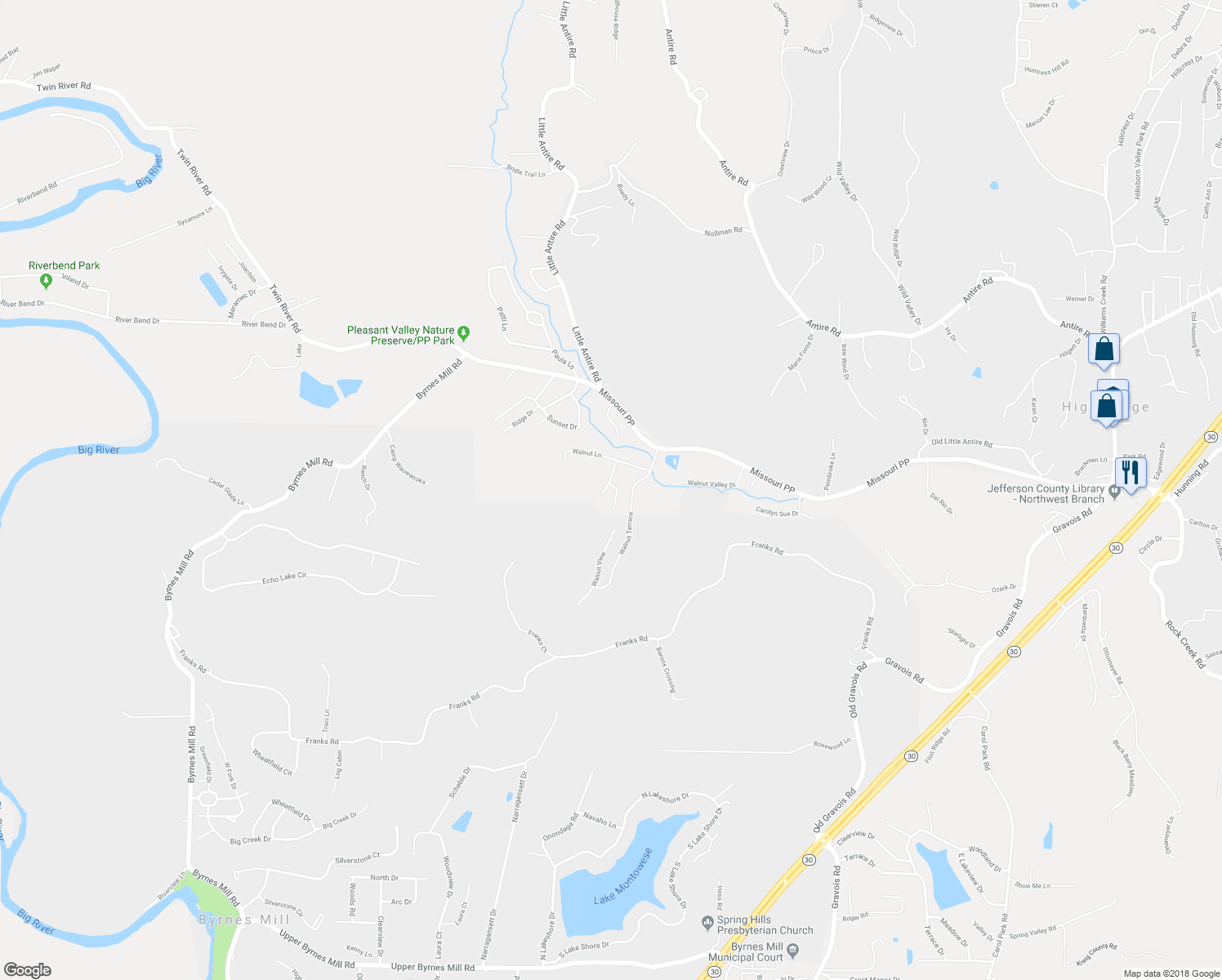 map of restaurants, bars, coffee shops, grocery stores, and more near 6440 Walnut Valley Drive in High Ridge