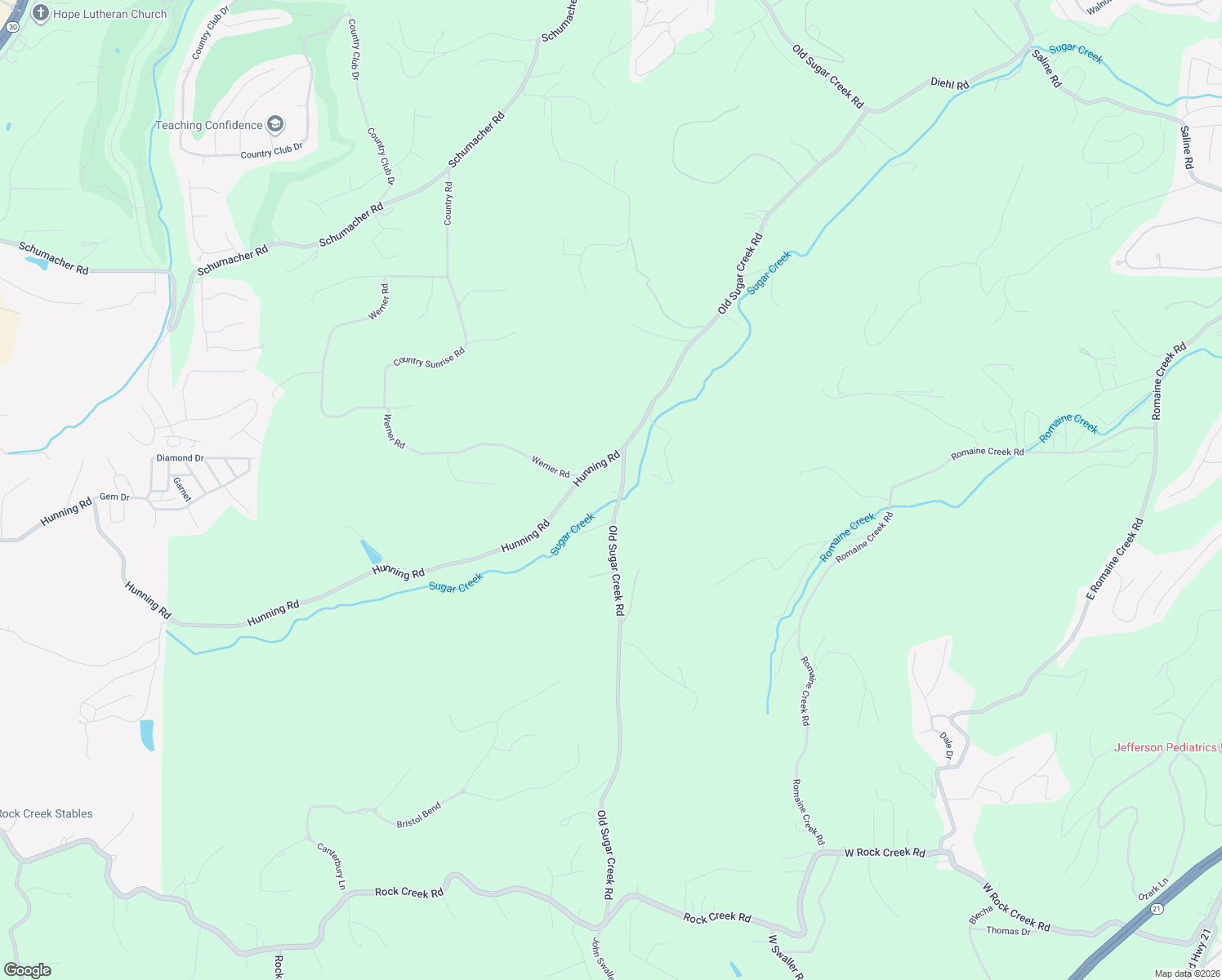 map of restaurants, bars, coffee shops, grocery stores, and more near 3125 Old Sugar Creek Road in High Ridge