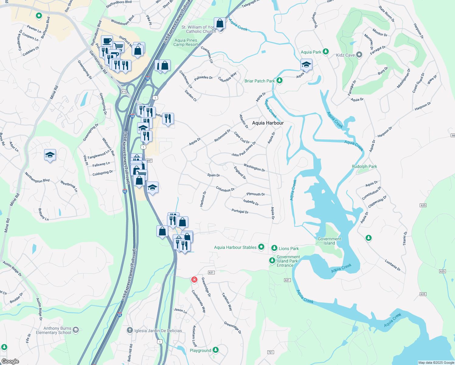 map of restaurants, bars, coffee shops, grocery stores, and more near 1113 Spain Drive in Stafford