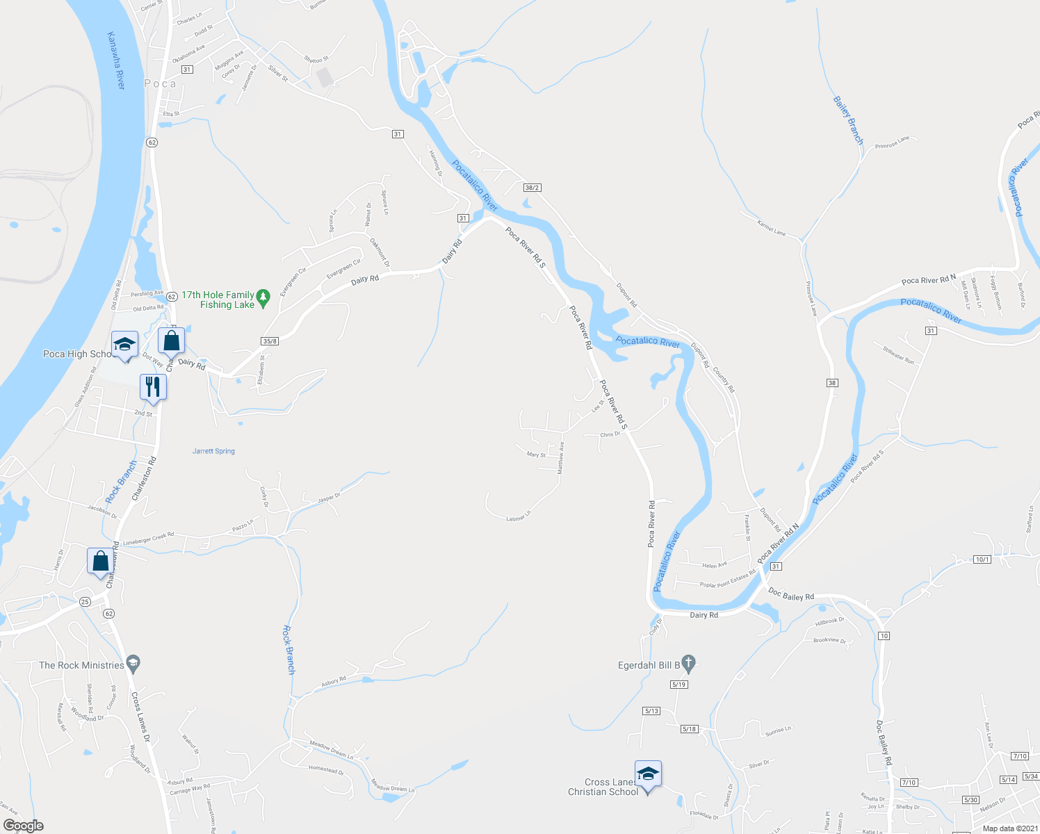 map of restaurants, bars, coffee shops, grocery stores, and more near 101 Marlene Avenue in Poca