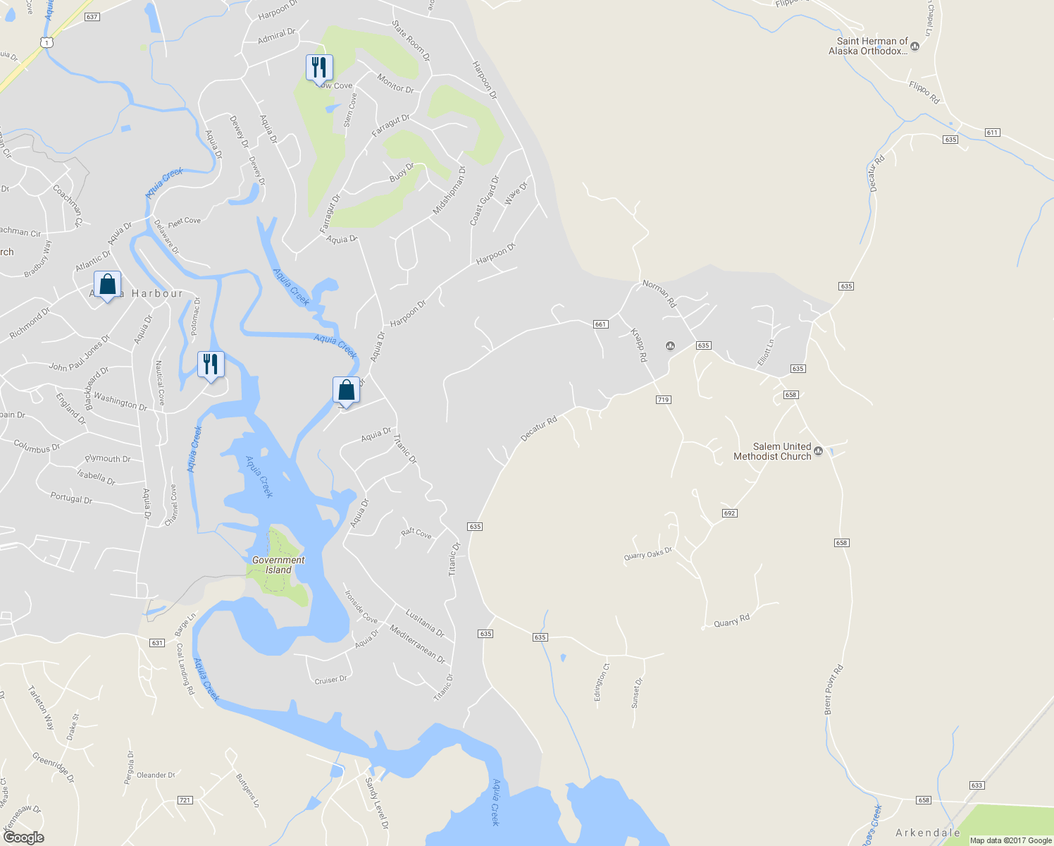 map of restaurants, bars, coffee shops, grocery stores, and more near 570 Decatur Road in Stafford