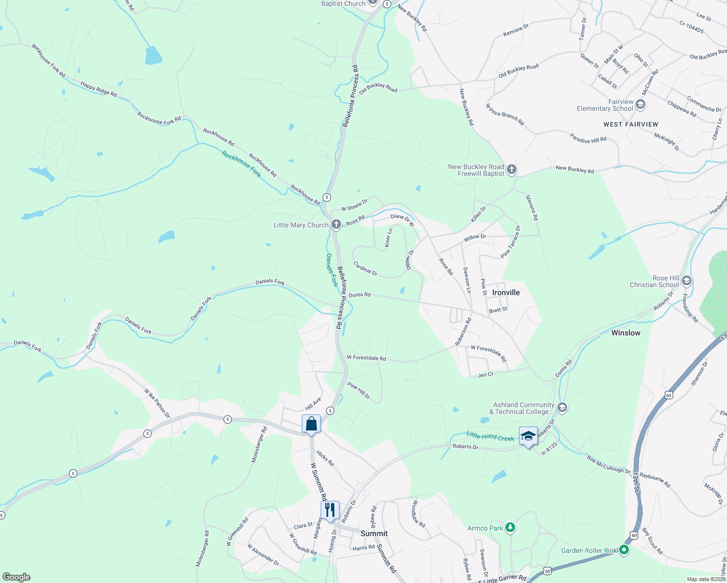 map of restaurants, bars, coffee shops, grocery stores, and more near 2207 Donta Road in Ashland
