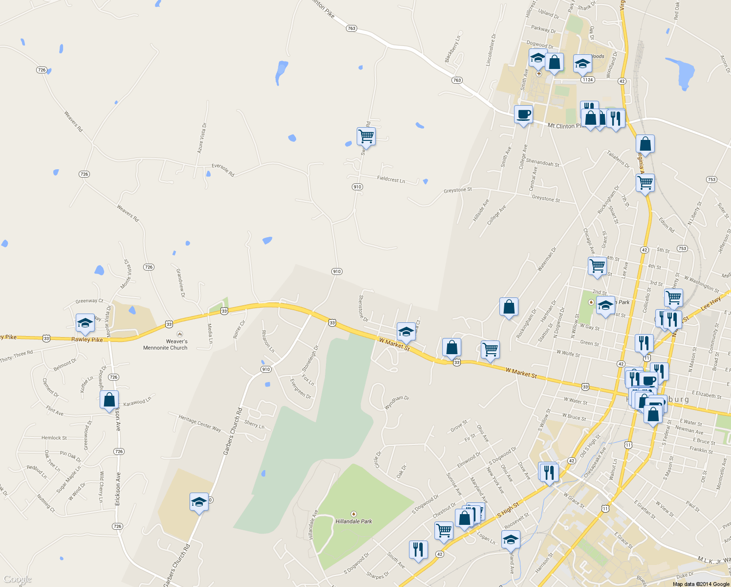 map of restaurants, bars, coffee shops, grocery stores, and more near 1840 Shenstone Drive in Harrisonburg