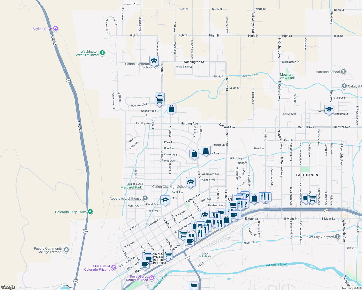 map of restaurants, bars, coffee shops, grocery stores, and more near 1022 Phay Ave in Cañon City