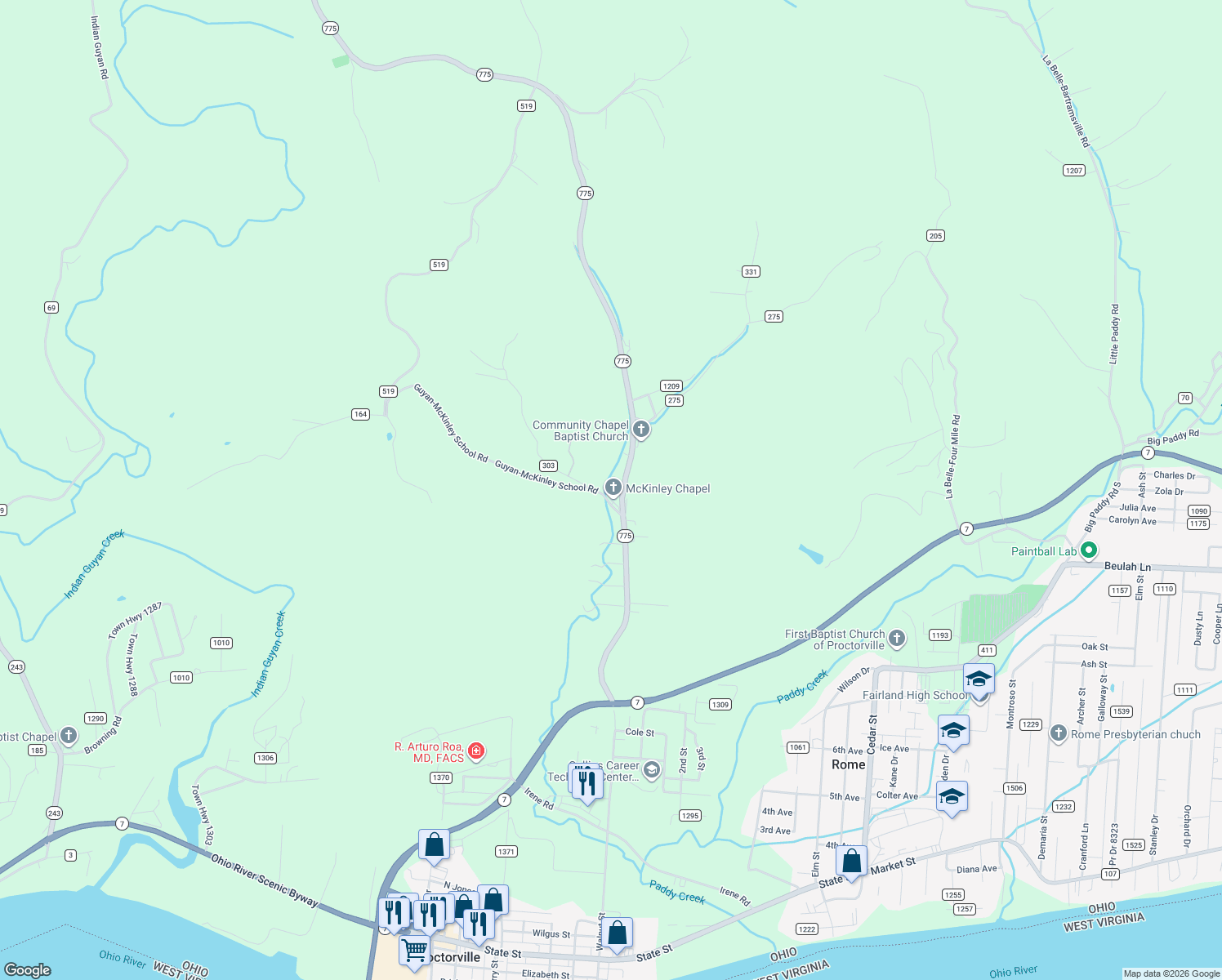 map of restaurants, bars, coffee shops, grocery stores, and more near 1363 Ohio 775 in Proctorville