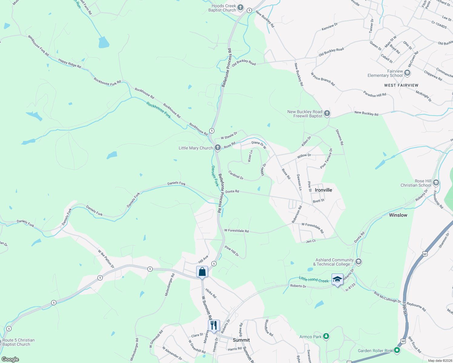 map of restaurants, bars, coffee shops, grocery stores, and more near 2207 Donta Road in Ashland