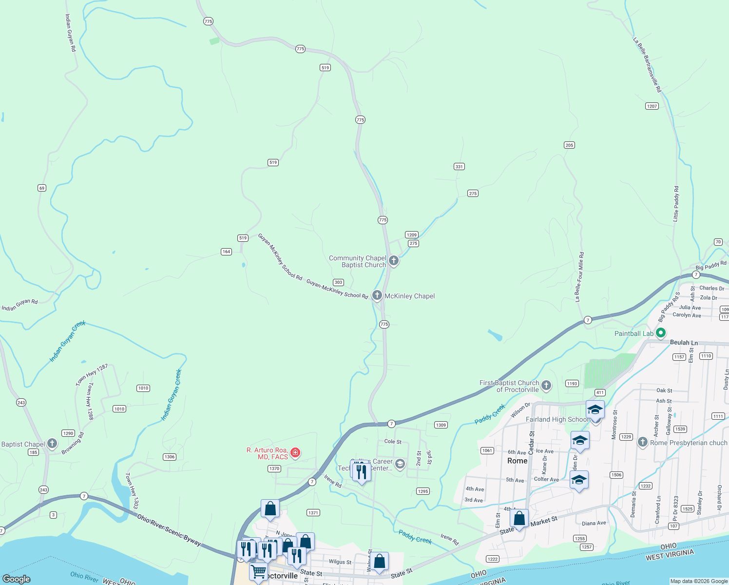map of restaurants, bars, coffee shops, grocery stores, and more near 1363 Ohio 775 in Proctorville