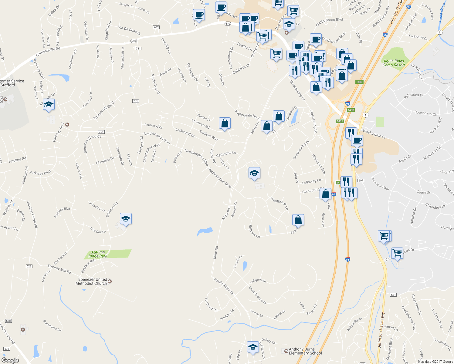 map of restaurants, bars, coffee shops, grocery stores, and more near 83 Northampton Boulevard in Stafford