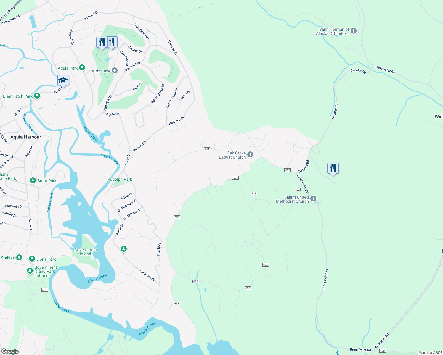 map of restaurants, bars, coffee shops, grocery stores, and more near 504 Decatur Road in Stafford