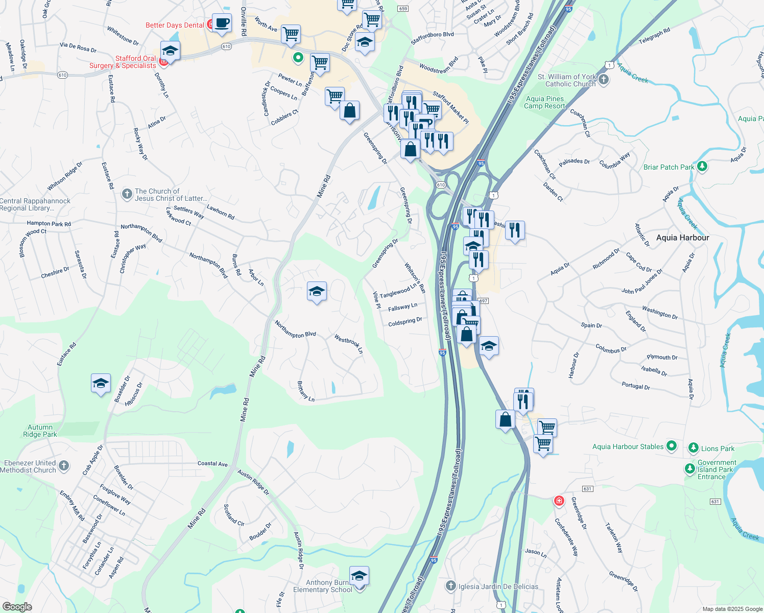 map of restaurants, bars, coffee shops, grocery stores, and more near 200 Vine Place in Stafford
