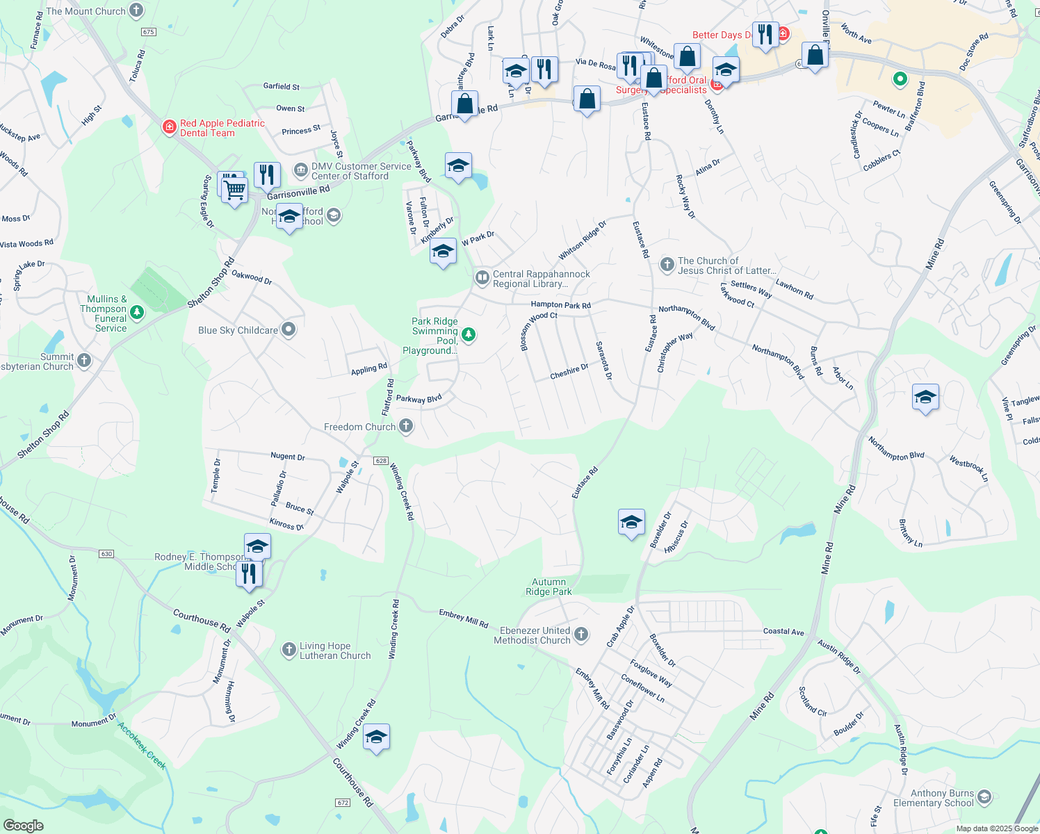 map of restaurants, bars, coffee shops, grocery stores, and more near 1 Carissa Court in Stafford