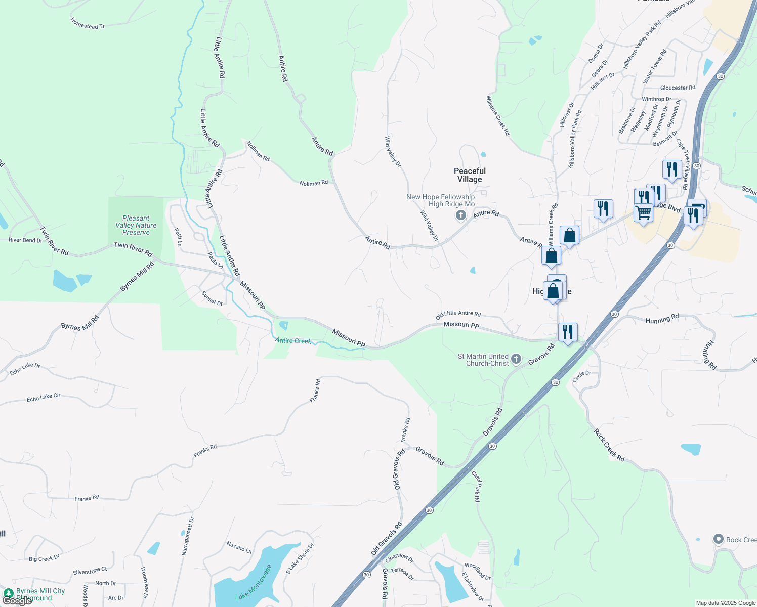 map of restaurants, bars, coffee shops, grocery stores, and more near 3004 Pembroke Lane in High Ridge