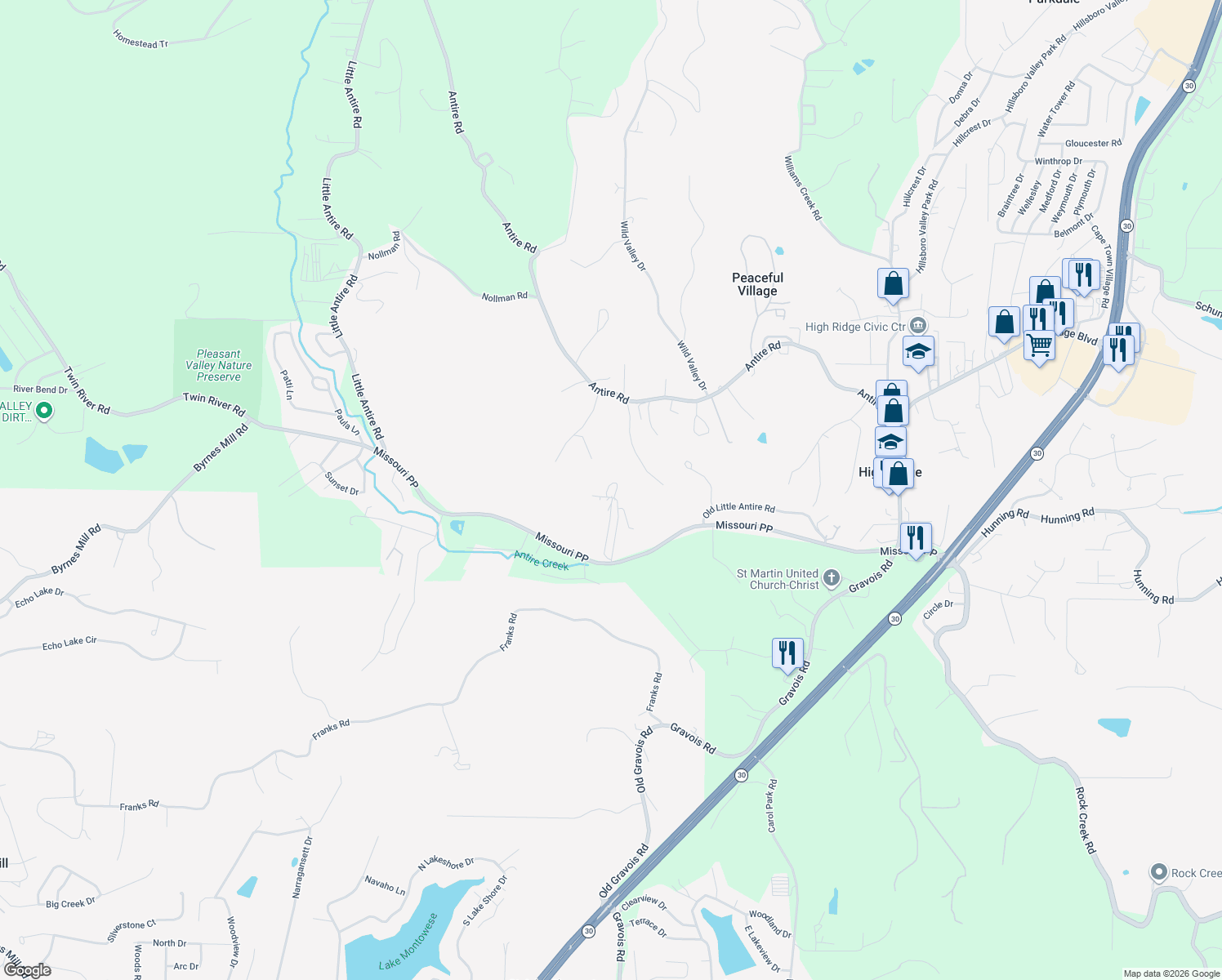 map of restaurants, bars, coffee shops, grocery stores, and more near 3004 Pembroke Lane in High Ridge